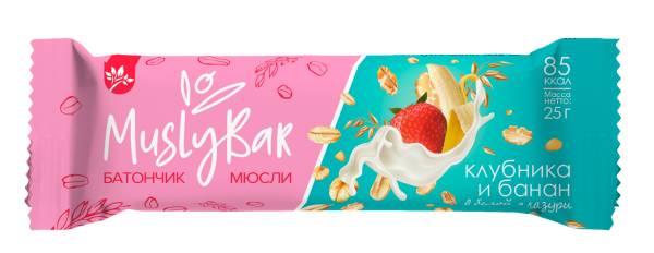 Батончик мюсли MuslyBar клубника банан в белой глазури 25г фотография